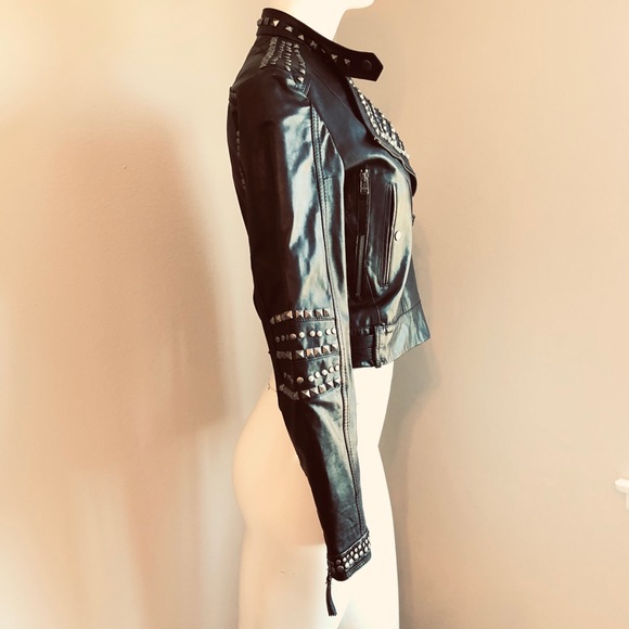 Studded Dark Brown Leather Moto Jacket by Mango-Sz S-EUC - Picture 5 of 8